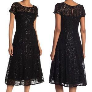 NWT - S.L. Fashions New York Black Tea-Length Sequin and Lace Party Dress - Midi